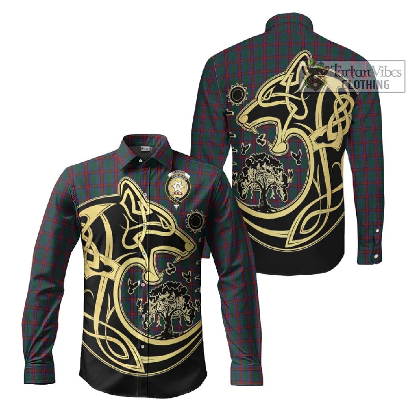 Jardine Dress Tartan Long Sleeve Button Shirt with Family Crest Celtic Wolf Style