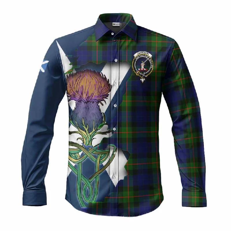 Jamieson Tartan Family Crest Long Sleeve Button Shirt Scottish Thistle Celtic Inspired