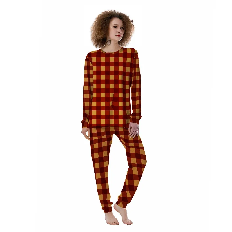 Check Yellow And Red Print Pattern Women's Pajamas Party pajama sets