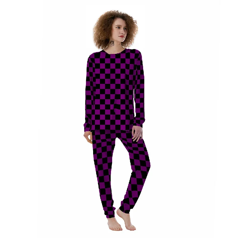 Checkered Black And Purple Print Pattern Women's Pajamas Travel pajama sets