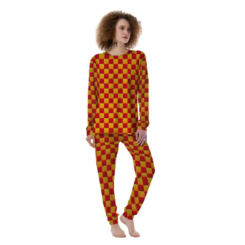 Checkered Yellow And Red Print Pattern Women's Pajamas Cartoon pajama sets