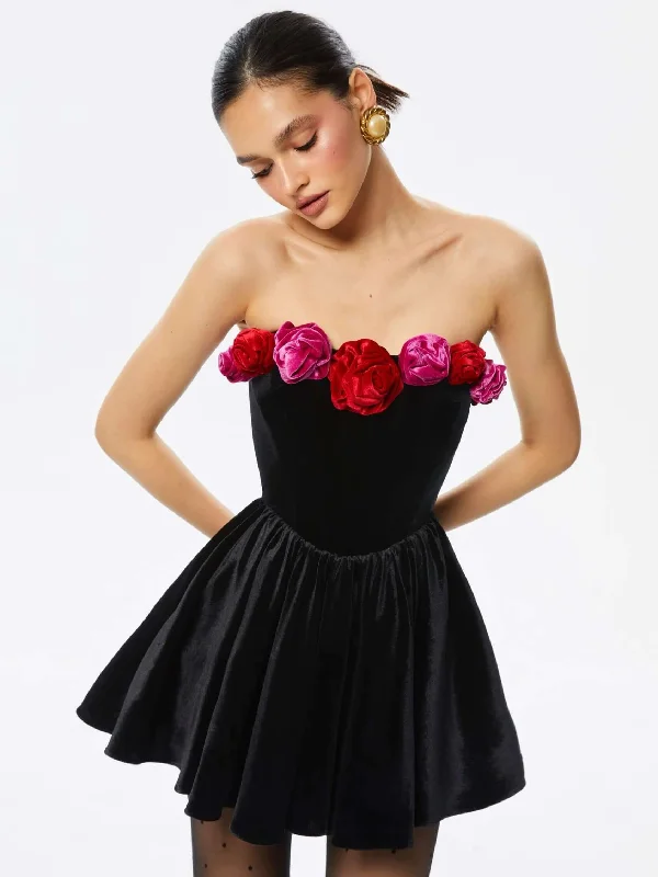 Flower Detail Strapless A Line Velvet Dress Black Elegant mini dresses