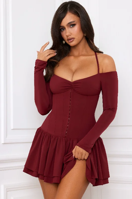 Off-Shoulder Tiered Corset Mini Dress in Berry Red Sexy mini dresses