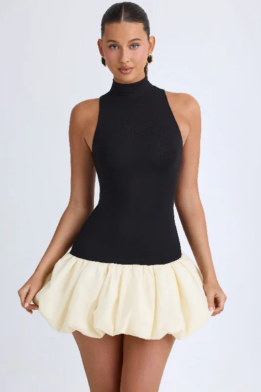 Turtleneck Drop-Waist Bubble Hem Mini Dress in Black Halter mini dresses