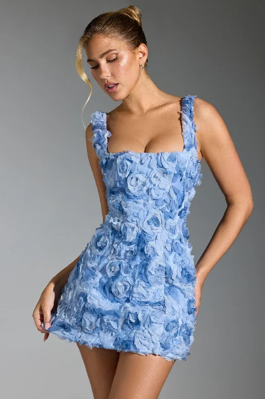 Floral-Appliqué Corset Mini Dress in Blue High-end mini dresses