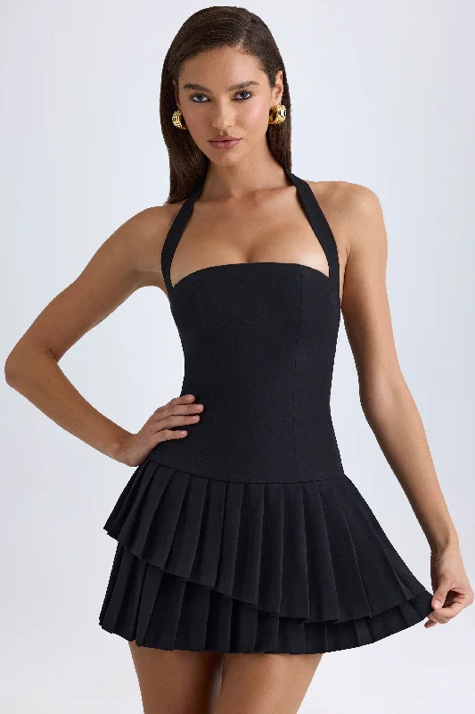 Asymmetric Layered Halterneck Mini Dress in Black Trendy mini dresses under $50