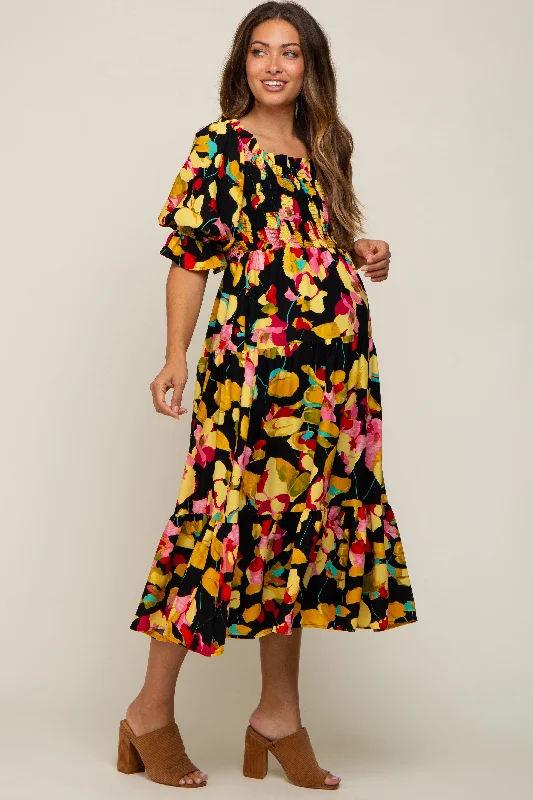 Black Floral Puff Sleeve Maternity Midi Dress Boho midi dresses