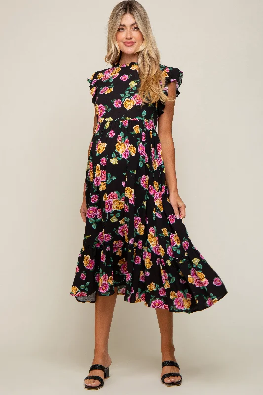 Black Floral Ruffle Shoulder Mock Neck Maternity Midi Dress Sexy little black midi dresses