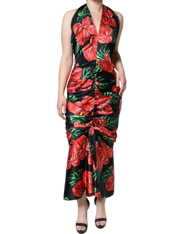 Black Tropical Floral Sheath Maxi Dress Leather maxi dresses