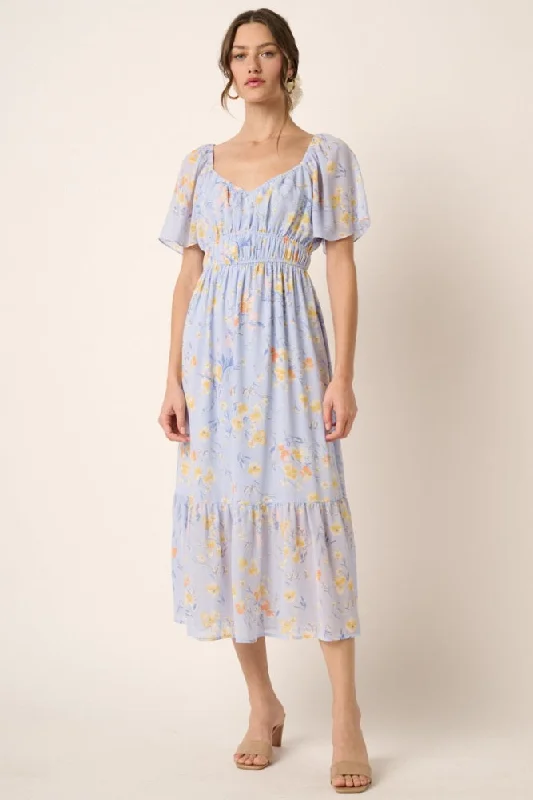 Blue Flower Print Midi Dress Cocktail midi dresses