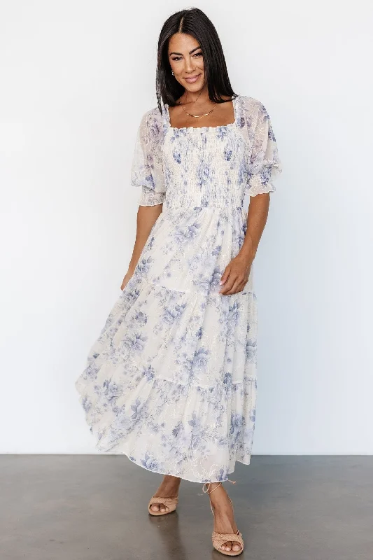 Fabian Jacquard Midi Dress | Cream + Blue Floral Office midi dresses