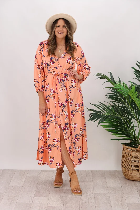 Fate Peach Sky Button Midi Dress Peach Pink Floral Women's trendy midi dresses sale