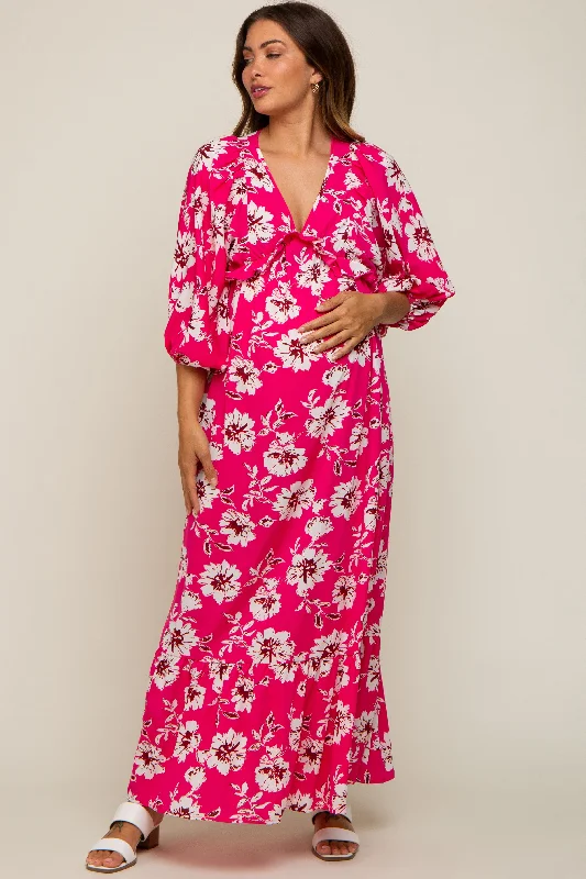 Fuchsia Floral V-Neck Dolman 3/4 Sleeve Maternity Midi Dress Best midi dresses for hourglass body shape