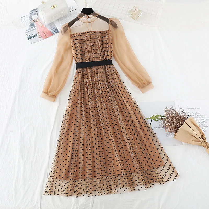 Gauze long sleeve pleated slim dress  4096 Fall maxi dresses