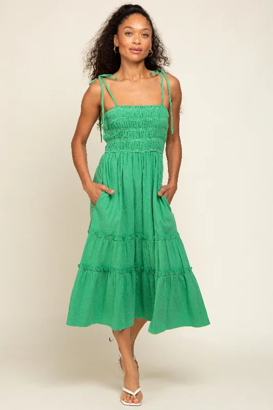 Green Sleeveless Tiered Midi Dress Summer party midi dresses