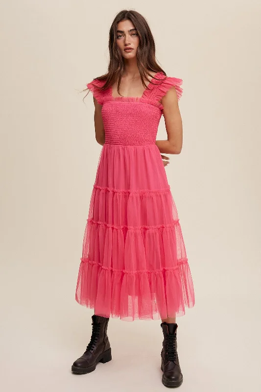 Hot Pink Smocked Ruffle Tiered Mesh Midi Dress Wedding guest midi dresses