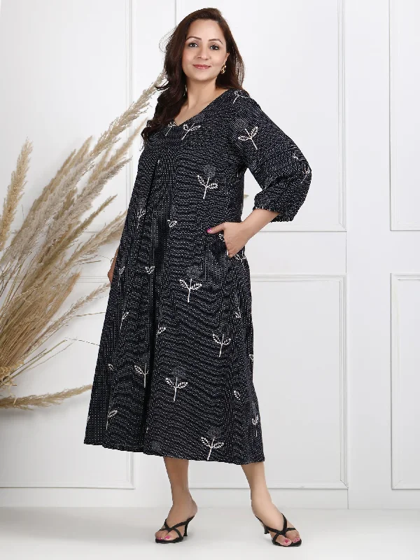 Ira Black Kantha Work Cotton Midi Dress Chiffon midi dresses