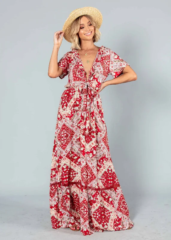 Mabel Tie Maxi Dress - Red Paisley Goth maxi dresses