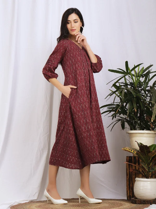 Maroon Ikat Cotton 'Amara' Midi Dress Fashion-forward midi dresses