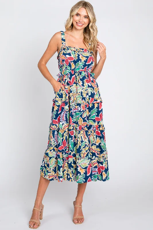 Navy Blue Multi-Color Floral Sleeveless Tiered Midi Dress Designer midi dresses