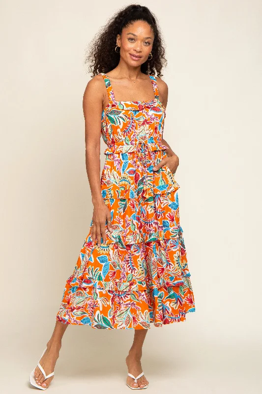 Orange Multi-Color Floral Sleeveless Tiered Midi Dress Best midi dresses for elegant looks