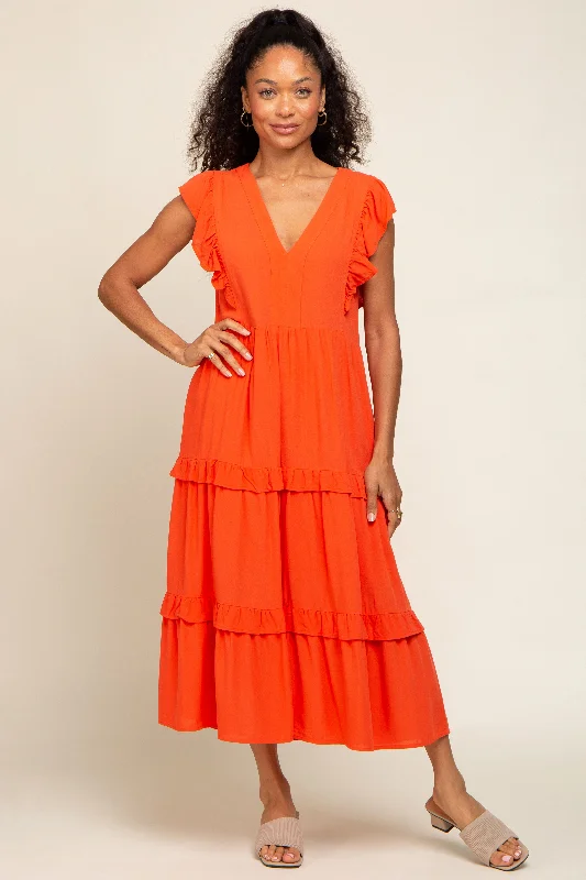 Orange Ruffle Accent Tiered Midi Dress Discounted midi dresses