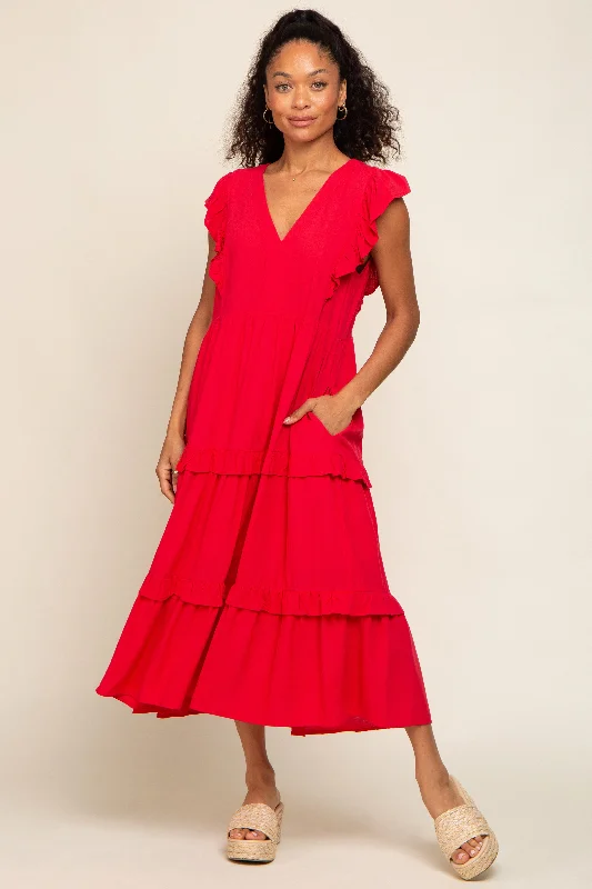 Red Ruffle Accent Tiered Midi Dress Best midi dresses for date night