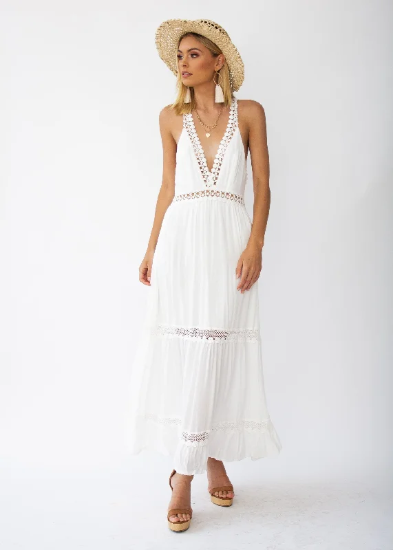 River Deep Crochet Maxi Dress - White Off-shoulder maxi dresses