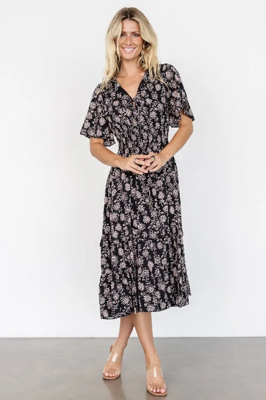 Spell Boho Midi Dress | Black + Taupe Floral Knitted midi dresses