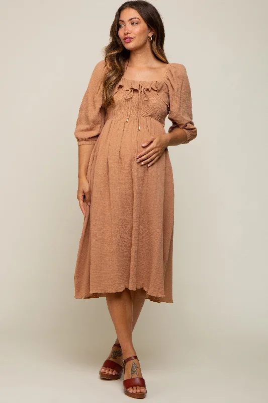 Taupe Gauze Smocked Maternity Midi Dress Fall midi dresses