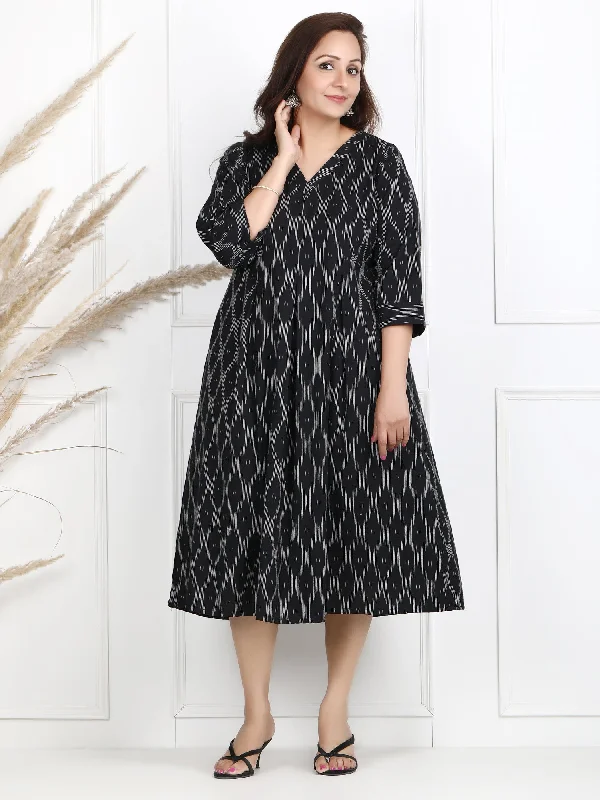 Twisha Black Ikat Midi Cotton Dress Leather midi dresses