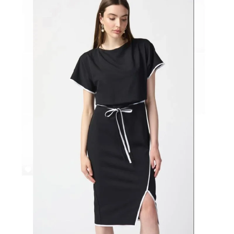 Joseph Ribkoff white trim slit leg black midi dress Goth midi dresses