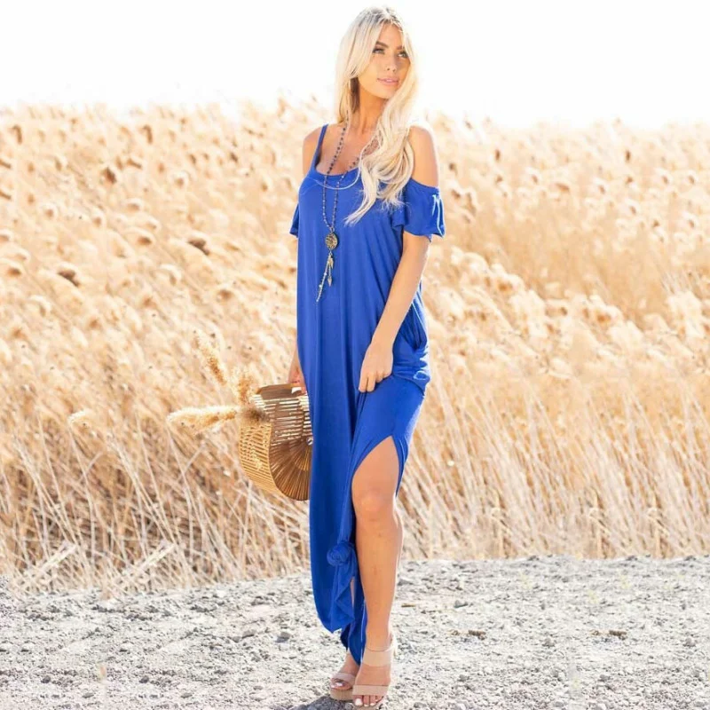 Women Fashion Casual Solid Color Cool-Shoulder Slip Slit Long Dress Flowy maxi dresses