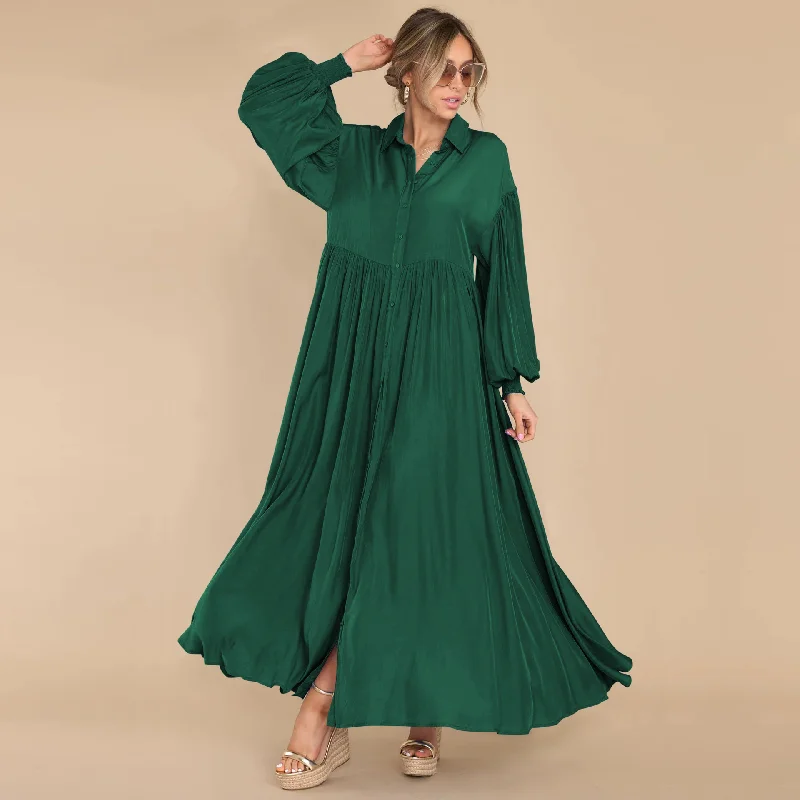 Women Ramadan /Eid Fashion Casual Solid Color Creased Long Sleeve Maxi Dress High-end maxi dresses