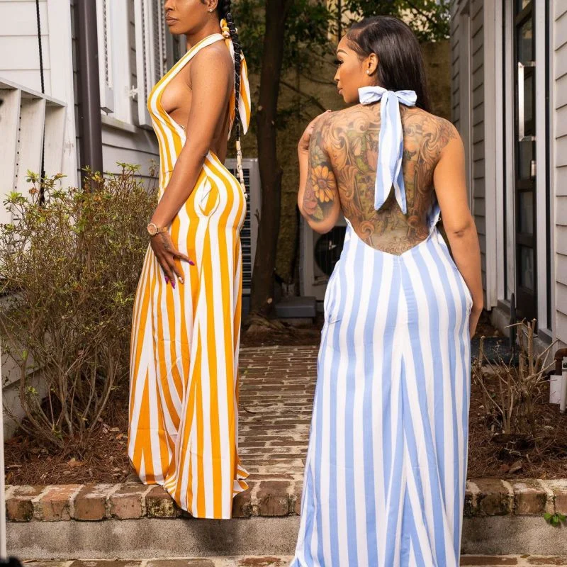 Women'S Fashion Sexy Stripe Halter Neck Backless Maxi Vacation Dress Ruffled maxi dresses