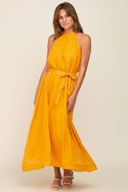 Yellow Linen A-line Midi Dress Edgy midi dresses