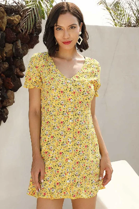 Falbala V Neck Single Breasted Floral Dress Boohoo floral dresses