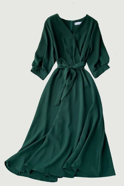 Women Casual Long Robe Summer V Neck Sexy With Belt Bandage Dresses Ladies Vintage Korean Green Dress Maxi Skirt Trend