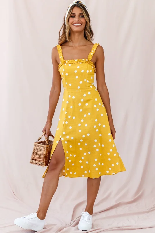 Magdalene Frill Strap A-Line Midi Dress Yellow Mustard Midi Skirt Party