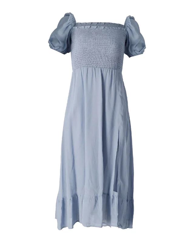 Reformation Smocked Puff Sleeve Dress in Light Blue Viscose Bright color unclassified dresses