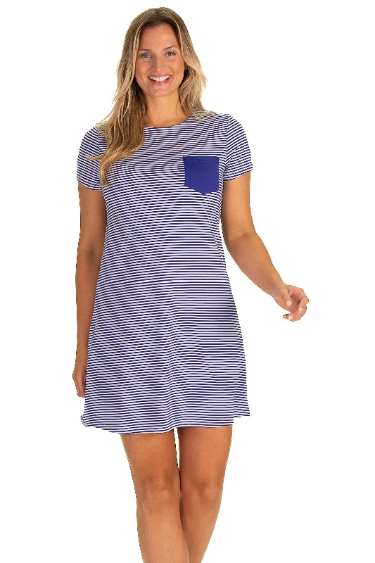The Performance Noreen Dress in Blue Pinstripe Metallic unclassified dresses
